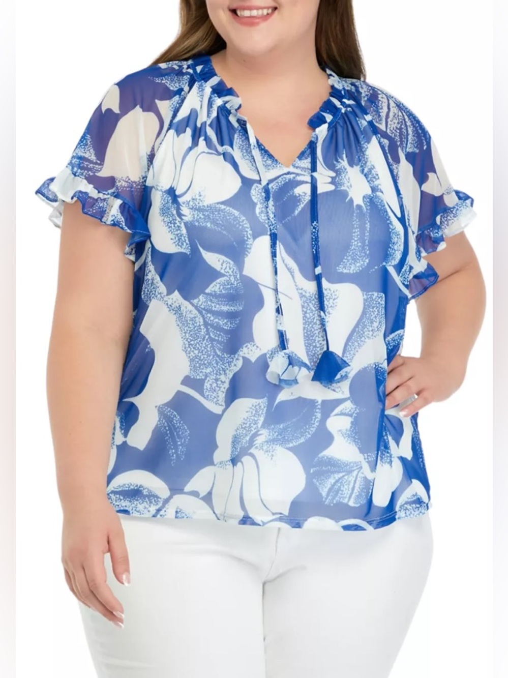 NWT! Wonderly Blue and White Floral Tie-Neck Blouse size Plus 3X